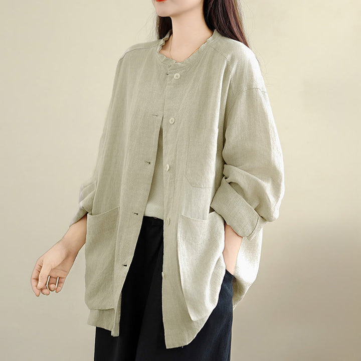 Buddha Stones Camisa de algodón lisa de manga larga con cuello redondo y bolsillos para mujer - image 8