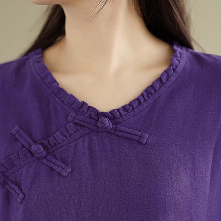 Buddha Stones Camisa de algodón lisa de manga larga con cuello en V y botones de rana para mujer - image 18