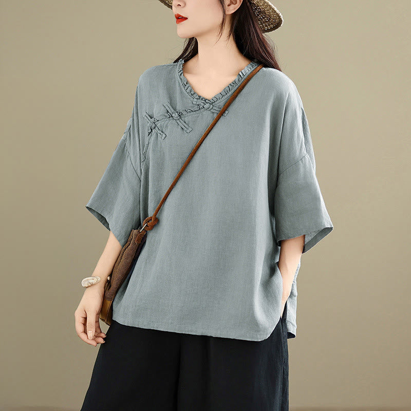 Buddha Stones Camisa de algodón lisa de manga larga con cuello en V y botones de rana para mujer - Azul claro - US8-10，UK/AU12-14，EU40-42 (2XL) - image 0