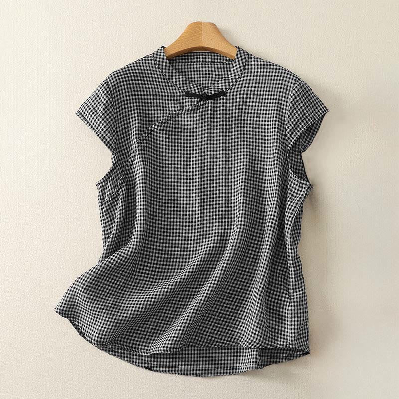 Buddha Stones Camisa de algodón a cuadros de manga corta con cuello redondo y botones de rana para mujer de verano - Negro - US8-10，UK/AU12-14，EU40-42 (2XL) - image 0