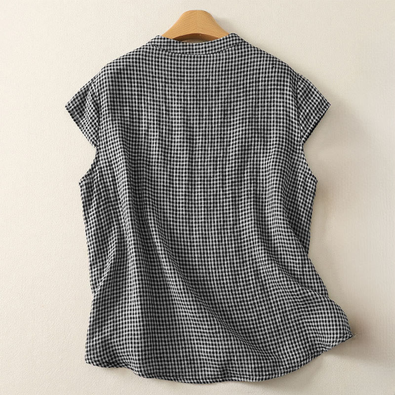 Buddha Stones Camisa de algodón a cuadros de manga corta con cuello redondo y botones de rana para mujer de verano - image 1