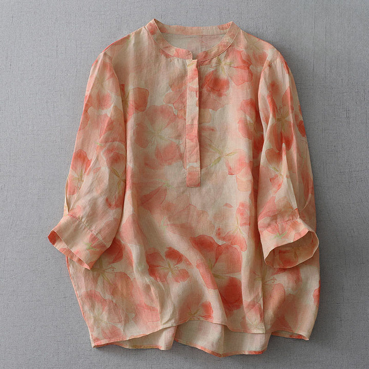 Buddha Stones Camisa de poliéster para mujer, manga larga, cuello redondo y estampado floral de primavera - Coral - US8-10，UK/AU12-14，EU40-42 (2XL) - image 6