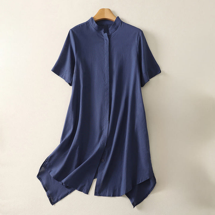 Buddha Stones Camisa de algodón con cuello alto, manga corta, botones y bolsillo para mujer de verano - Azul oscuro - US8-10，UK/AU12-14，EU40-42 (2XL) - image 0