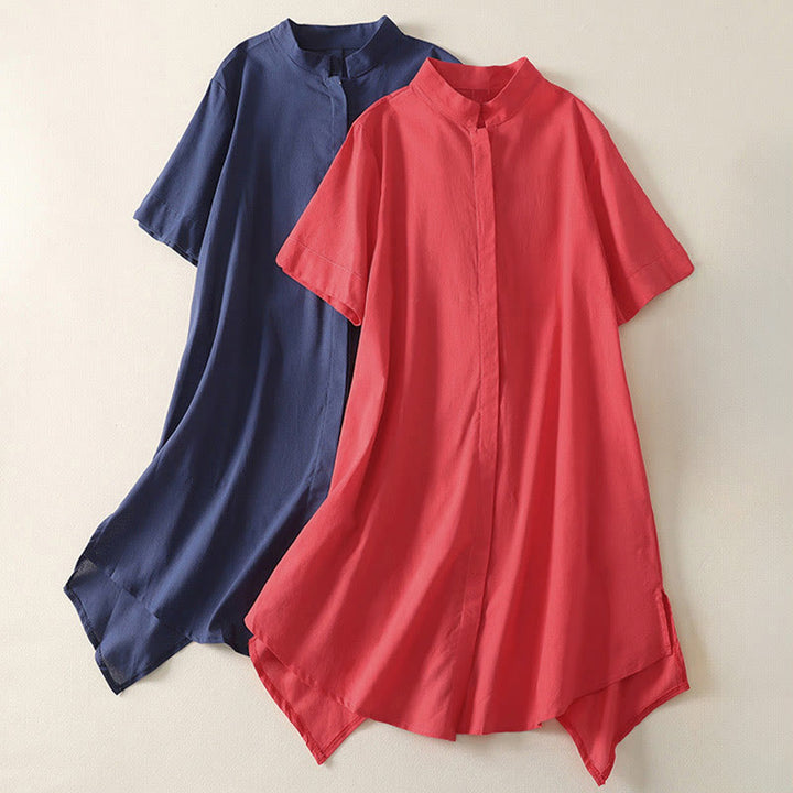 Buddha Stones Camisa de algodón con cuello alto, manga corta, botones y bolsillo para mujer de verano - image 15