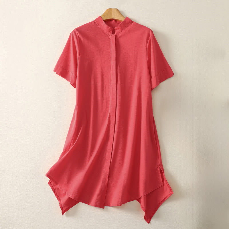 Buddha Stones Camisa de algodón con cuello alto, manga corta, botones y bolsillo para mujer de verano - Rojo - US8-10，UK/AU12-14，EU40-42 (2XL) - image 5
