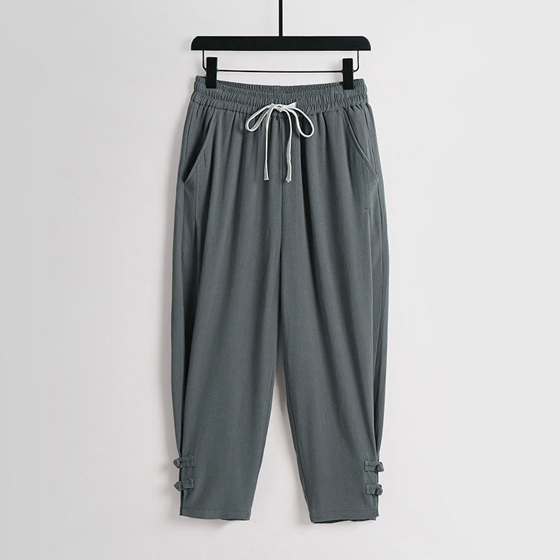 Buddha Stones Pantalones de lino y algodón para hombre, con cintura elástica, cordón ajustable y botones de rana, hasta el tobillo, con bolsillos, para verano - Azul cadete - US/UK/AU54, EU64 (9XL) - image 0