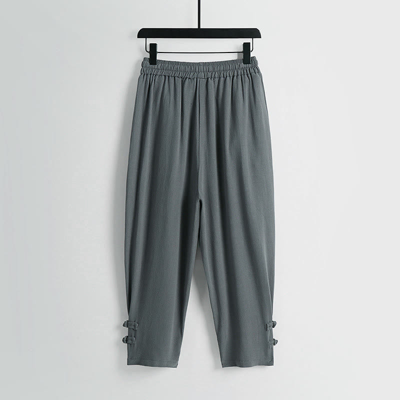 Buddha Stones Pantalones de lino y algodón para hombre, con cintura elástica, cordón ajustable y botones de rana, hasta el tobillo, con bolsillos, para verano - image 1