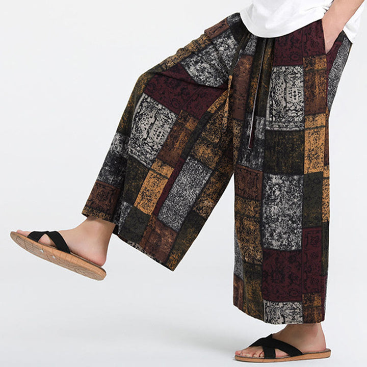 Buddha Stones Pantalones anchos de verano para hombre, con diseño de patchwork, de longitud 7-8 y bolsillos - SaddleBrown - US/UK/AU46, EU56 (5XL) - image 0