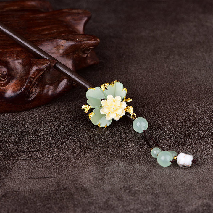 Buddha Stones Horquilla de madera de vidrio Liuli con flor verde, amarilla y blanca - image 3