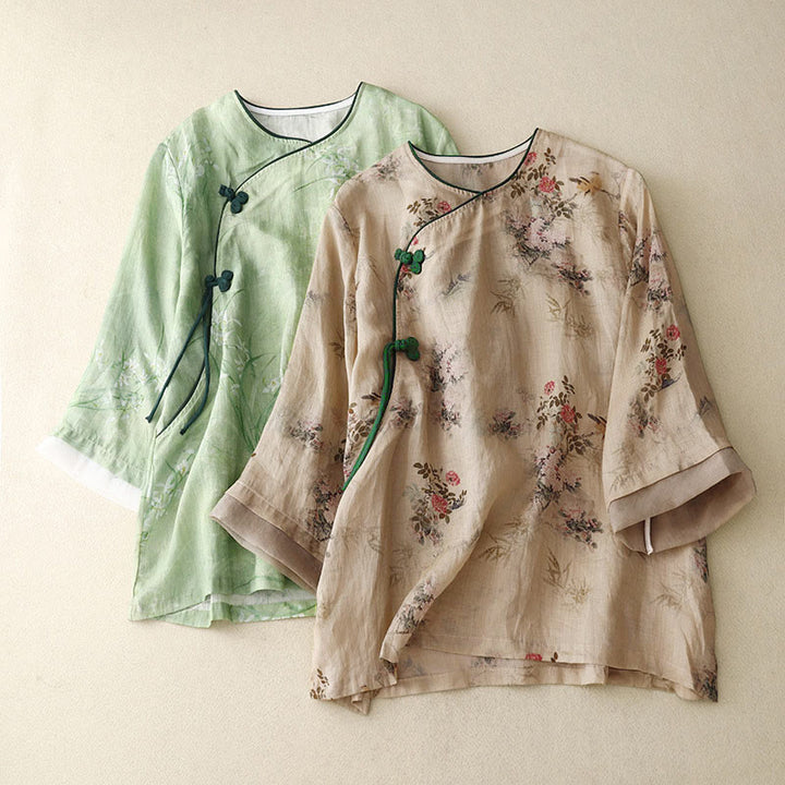 Buddha Stones Camisa de mujer con manga tres cuartos y diseño de rana con flores rojas y orquídea blanca - image 17