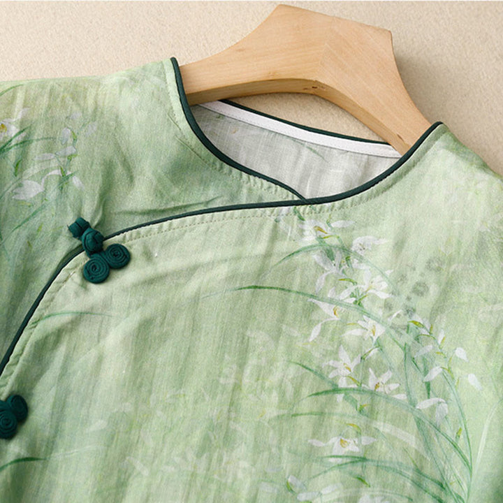 Buddha Stones Camisa de mujer con manga tres cuartos y diseño de rana con flores rojas y orquídea blanca - image 2