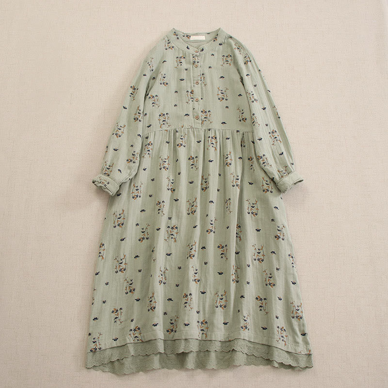 Buddha Stones Vestido midi de manga larga con cuello redondo y bolsillos, estampado floral pequeño de primavera y botones. - Verde mar oscuro - US4-8/10, UK/AU8-12/14, EU36-40/42 (F) - image 8