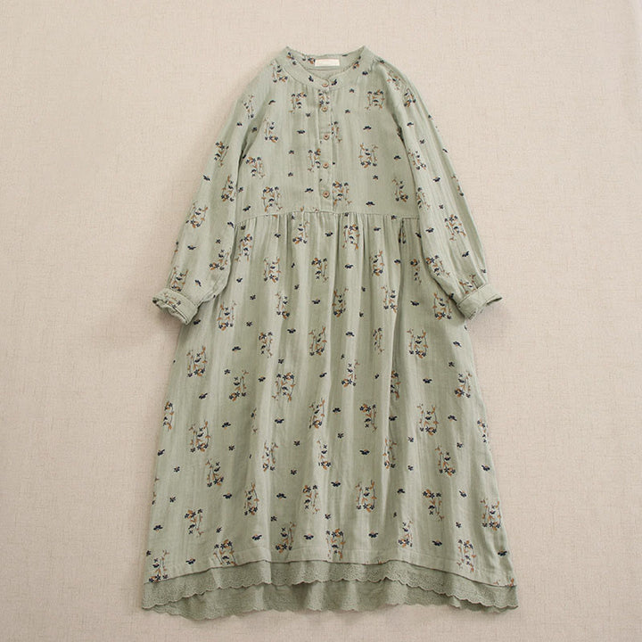 Buddha Stones Vestido midi de manga larga con cuello redondo y bolsillos, estampado floral pequeño de primavera y botones. - Verde mar oscuro - US4-8/10, UK/AU8-12/14, EU36-40/42 (F) - image 8