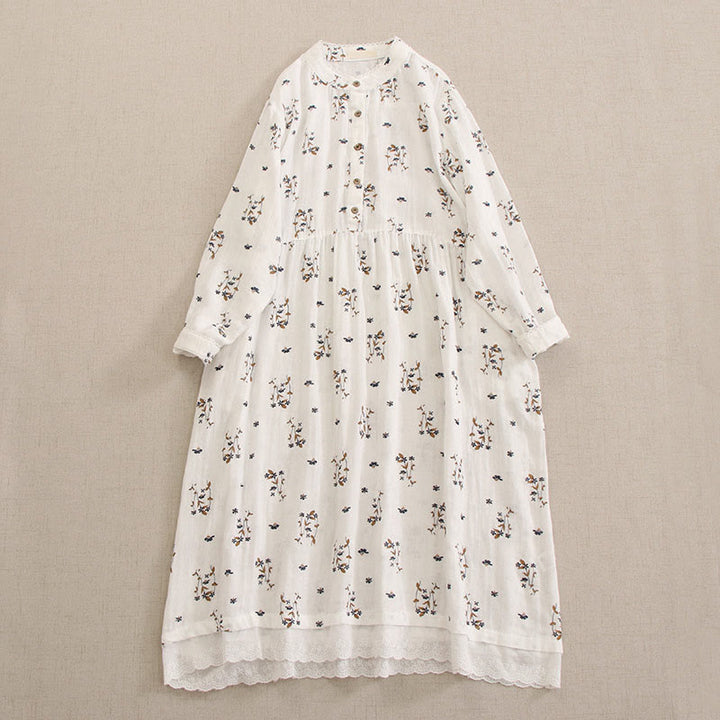 Buddha Stones Vestido midi de manga larga con cuello redondo y bolsillos, estampado floral pequeño de primavera y botones. - Blanco - US4-8/10, UK/AU8-12/14, EU36-40/42 (F) - image 44