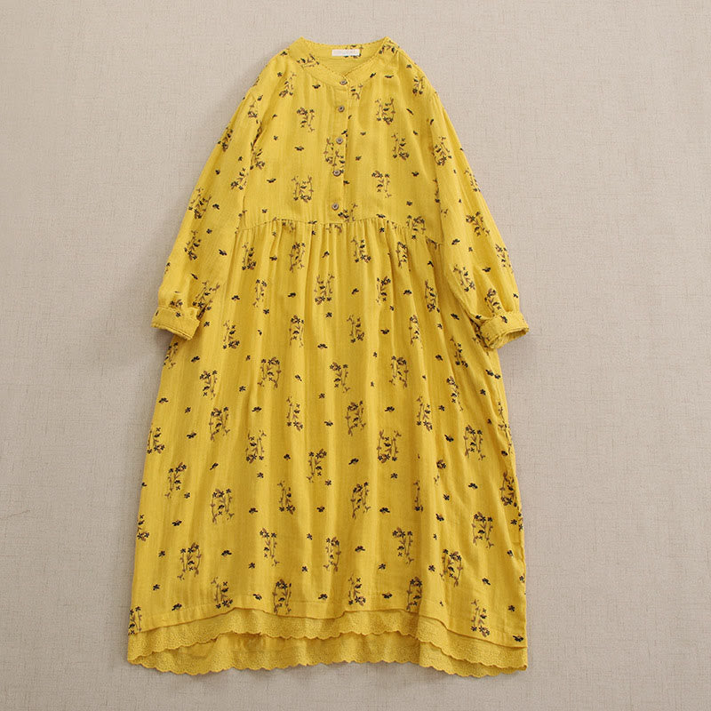 Buddha Stones Vestido midi de manga larga con cuello redondo y bolsillos, estampado floral pequeño de primavera y botones. - Oro - US4-8/10, UK/AU8-12/14, EU36-40/42 (F) - image 16