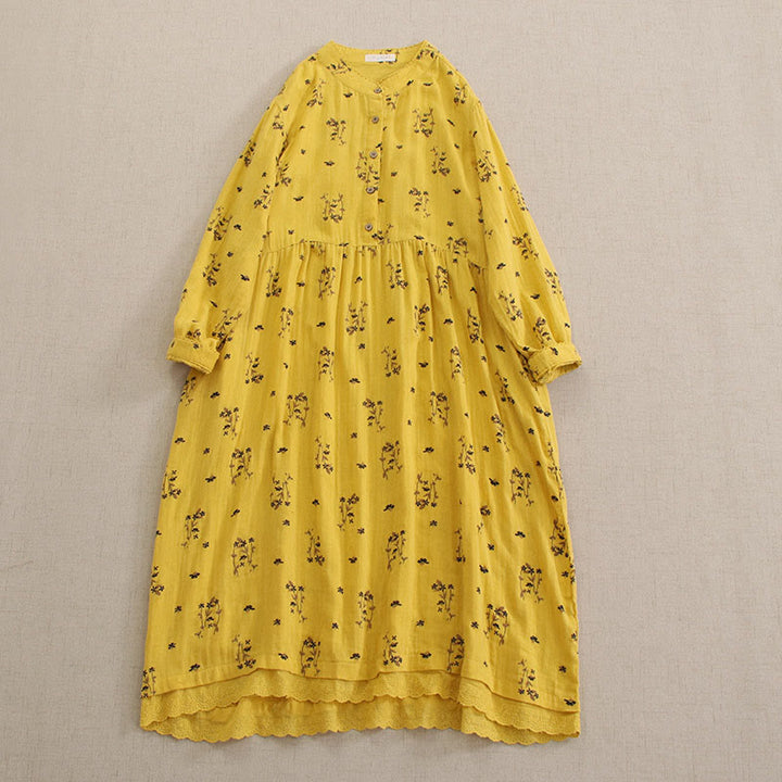 Buddha Stones Vestido midi de manga larga con cuello redondo y bolsillos, estampado floral pequeño de primavera y botones. - Oro - US4-8/10, UK/AU8-12/14, EU36-40/42 (F) - image 16