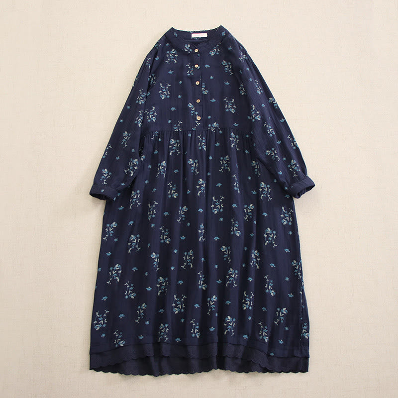 Buddha Stones Vestido midi de manga larga con cuello redondo y bolsillos, estampado floral pequeño de primavera y botones. - Azul acero - US4-8/10, UK/AU8-12/14, EU36-40/42 (F) - image 0
