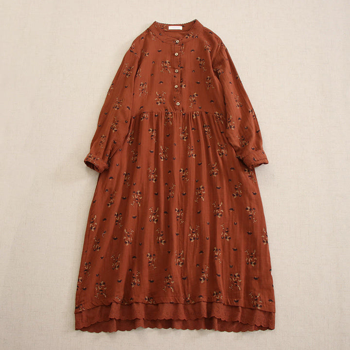 Buddha Stones Vestido midi de manga larga con cuello redondo y bolsillos, estampado floral pequeño de primavera y botones. - Ladrillo refractario - US4-8/10, UK/AU8-12/14, EU36-40/42 (F) - image 23