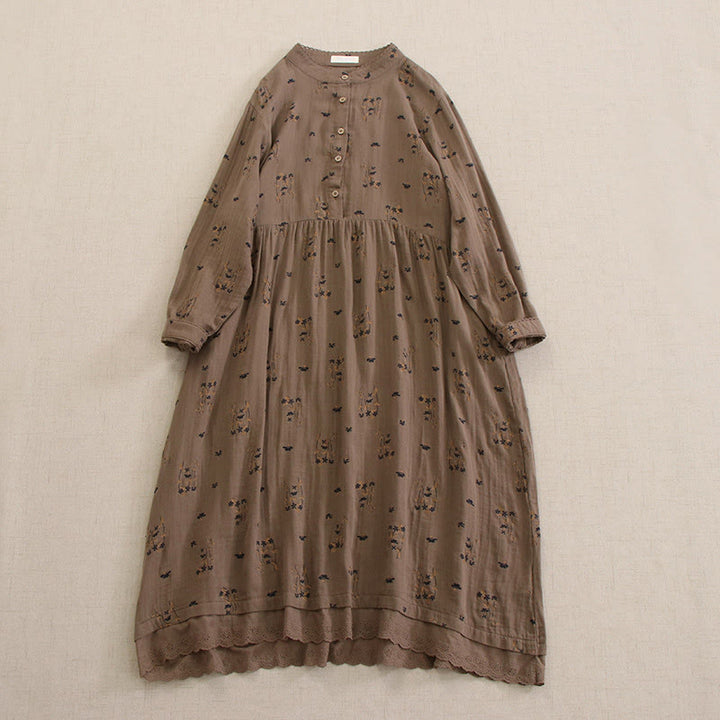 Buddha Stones Vestido midi de manga larga con cuello redondo y bolsillos, estampado floral pequeño de primavera y botones. - Broncearse - US4-8/10, UK/AU8-12/14, EU36-40/42 (F) - image 36