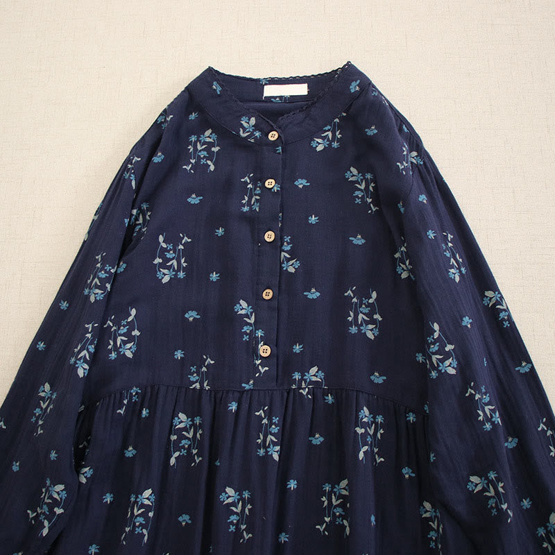 Buddha Stones Vestido midi de manga larga con cuello redondo y bolsillos, estampado floral pequeño de primavera y botones. - image 1