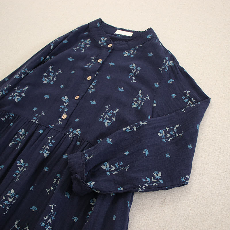 Buddha Stones Vestido midi de manga larga con cuello redondo y bolsillos, estampado floral pequeño de primavera y botones. - image 2