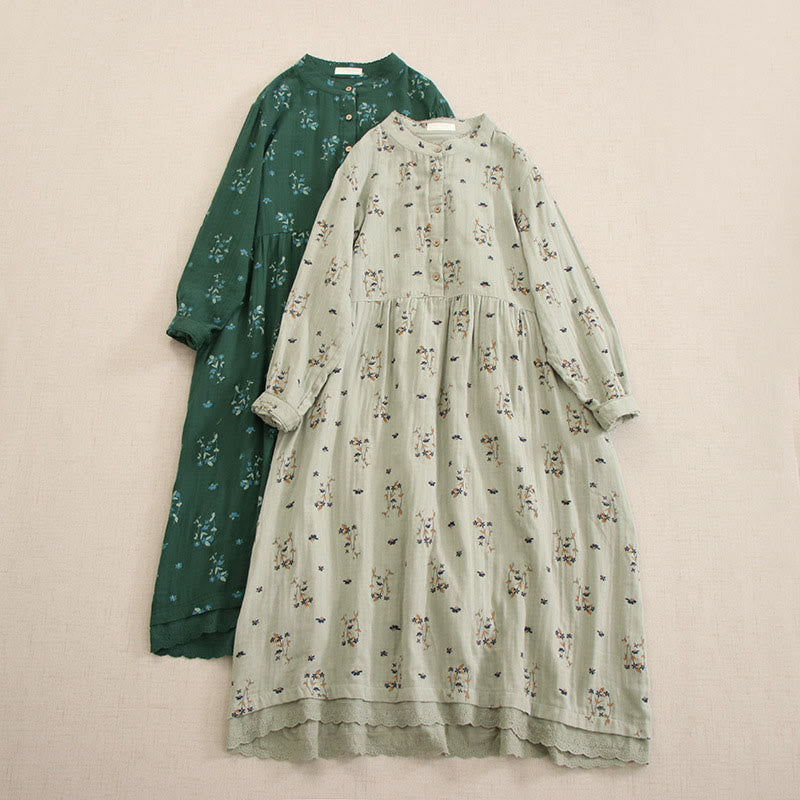 Buddha Stones Vestido midi de manga larga con cuello redondo y bolsillos, estampado floral pequeño de primavera y botones. - image 15