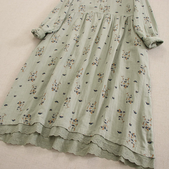 Buddha Stones Vestido midi de manga larga con cuello redondo y bolsillos, estampado floral pequeño de primavera y botones. - image 13