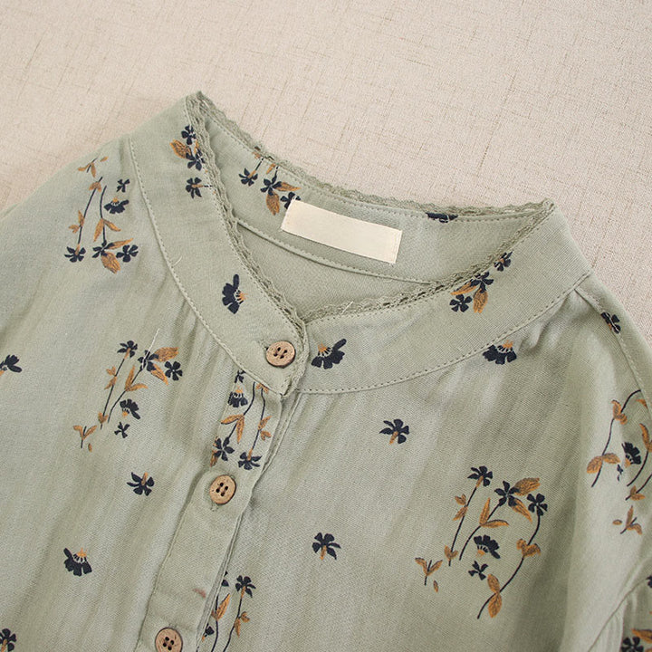 Buddha Stones Vestido midi de manga larga con cuello redondo y bolsillos, estampado floral pequeño de primavera y botones. - image 10