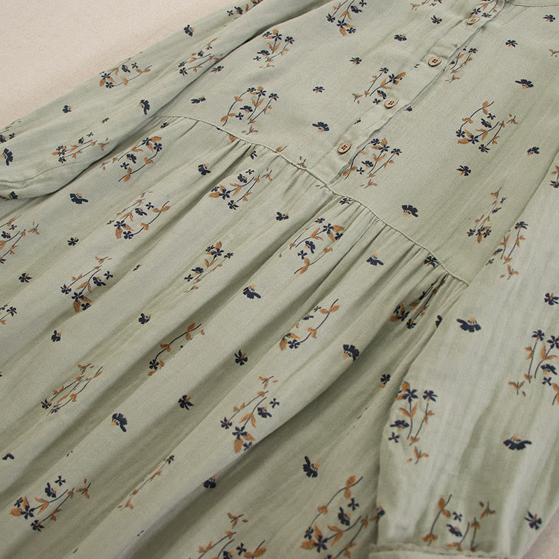 Buddha Stones Vestido midi de manga larga con cuello redondo y bolsillos, estampado floral pequeño de primavera y botones. - image 12