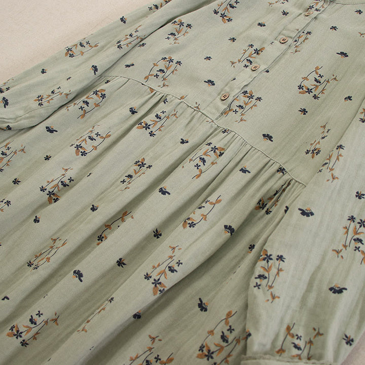 Buddha Stones Vestido midi de manga larga con cuello redondo y bolsillos, estampado floral pequeño de primavera y botones. - image 12