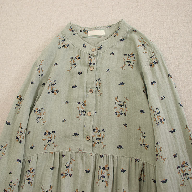 Buddha Stones Vestido midi de manga larga con cuello redondo y bolsillos, estampado floral pequeño de primavera y botones. - image 9