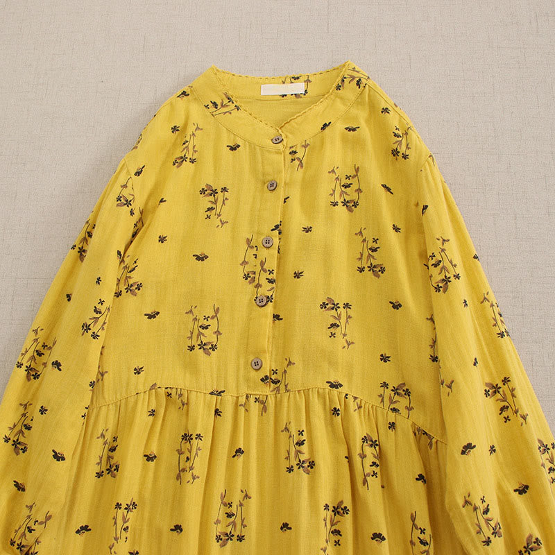 Buddha Stones Vestido midi de manga larga con cuello redondo y bolsillos, estampado floral pequeño de primavera y botones. - image 17