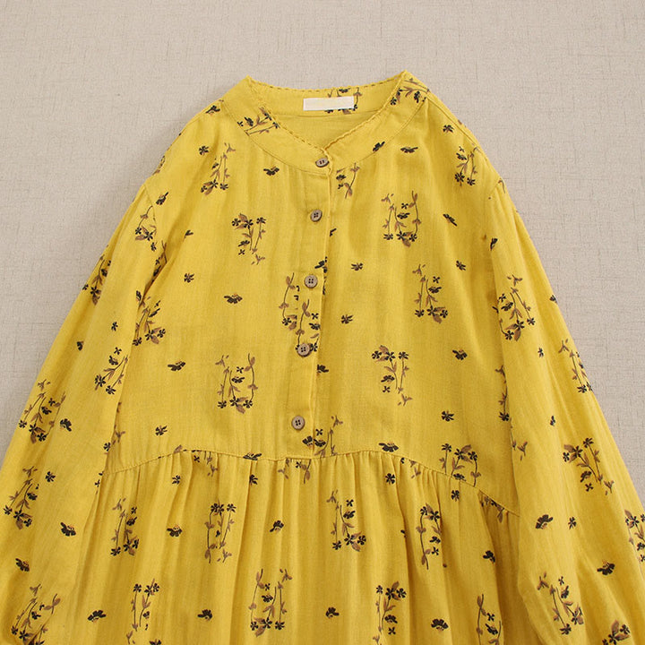 Buddha Stones Vestido midi de manga larga con cuello redondo y bolsillos, estampado floral pequeño de primavera y botones. - image 17