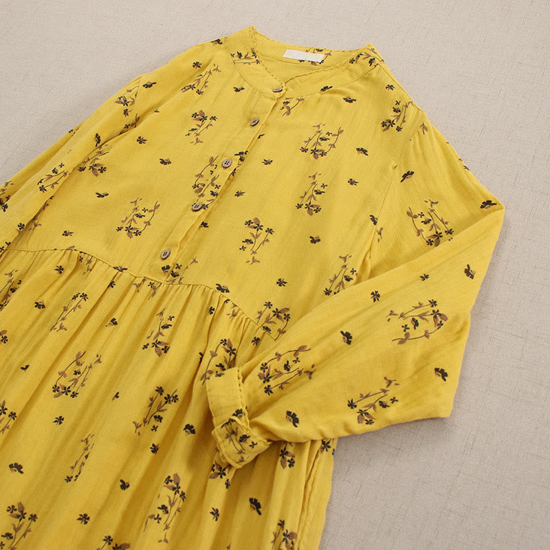 Buddha Stones Vestido midi de manga larga con cuello redondo y bolsillos, estampado floral pequeño de primavera y botones. - image 19