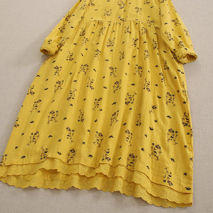 Buddha Stones Vestido midi de manga larga con cuello redondo y bolsillos, estampado floral pequeño de primavera y botones. - image 20