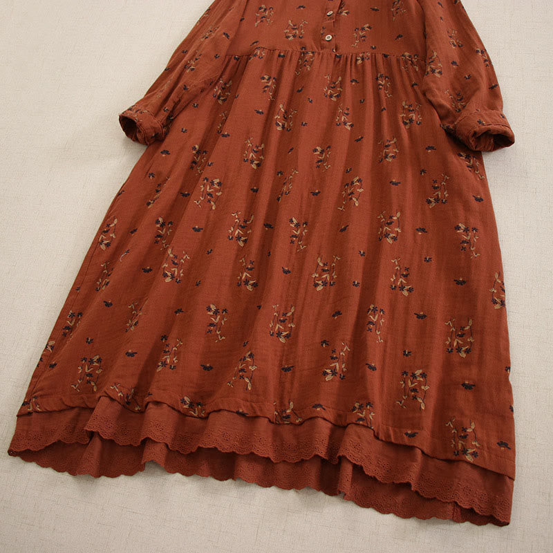 Buddha Stones Vestido midi de manga larga con cuello redondo y bolsillos, estampado floral pequeño de primavera y botones. - image 27