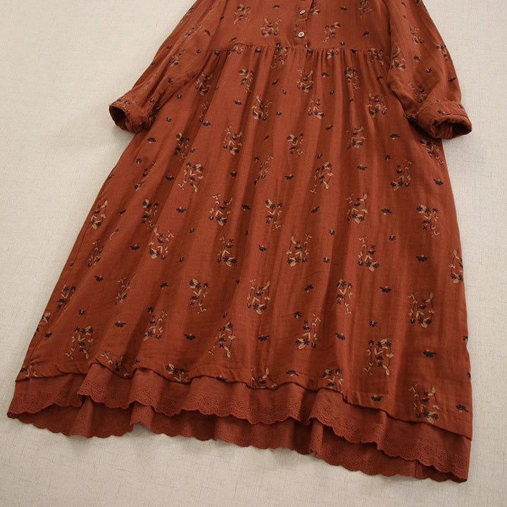 Buddha Stones Vestido midi de manga larga con cuello redondo y bolsillos, estampado floral pequeño de primavera y botones. - image 27