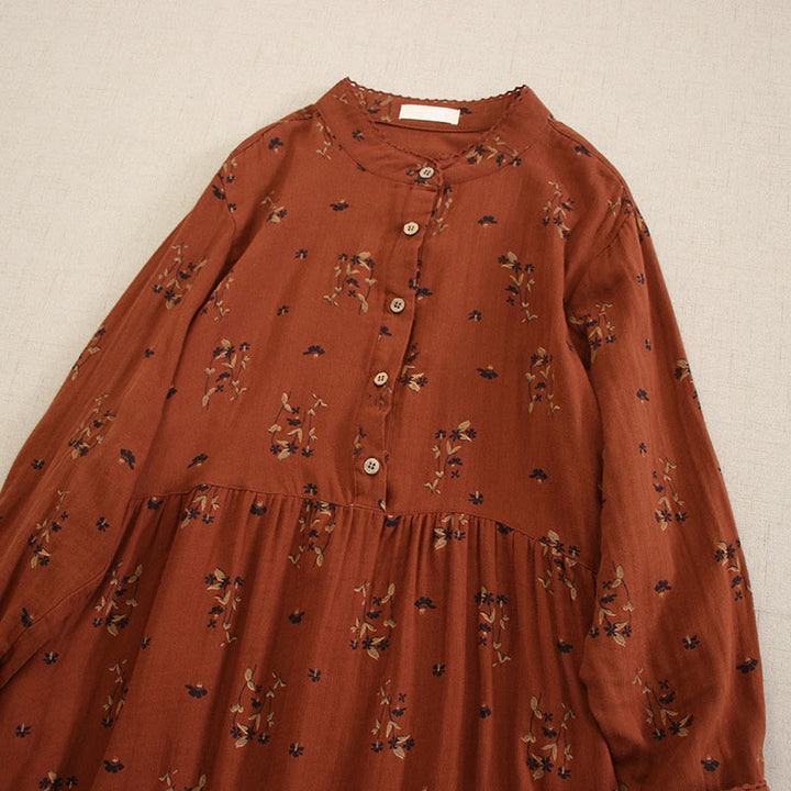 Buddha Stones Vestido midi de manga larga con cuello redondo y bolsillos, estampado floral pequeño de primavera y botones. - image 24