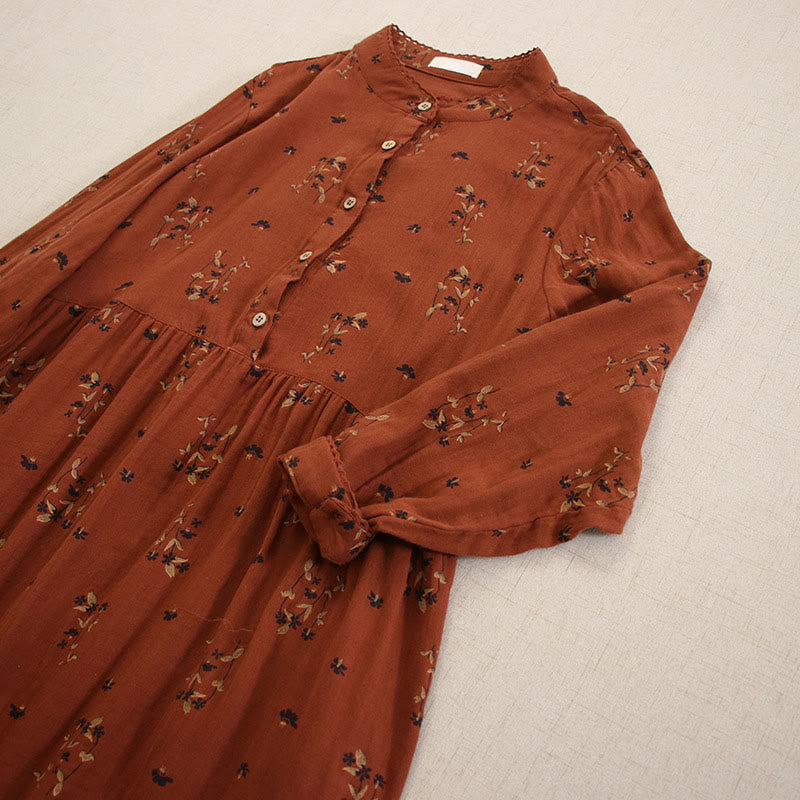 Buddha Stones Vestido midi de manga larga con cuello redondo y bolsillos, estampado floral pequeño de primavera y botones. - image 25