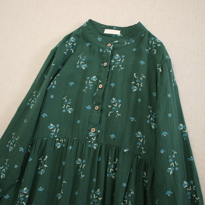 Buddha Stones Vestido midi de manga larga con cuello redondo y bolsillos, estampado floral pequeño de primavera y botones. - image 30