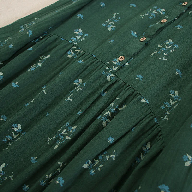 Buddha Stones Vestido midi de manga larga con cuello redondo y bolsillos, estampado floral pequeño de primavera y botones. - image 32
