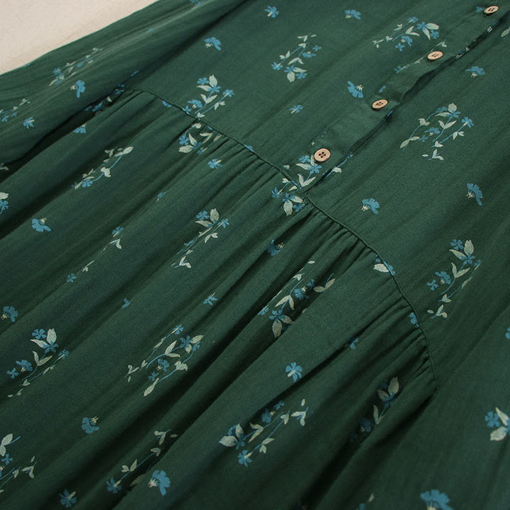 Buddha Stones Vestido midi de manga larga con cuello redondo y bolsillos, estampado floral pequeño de primavera y botones. - image 32