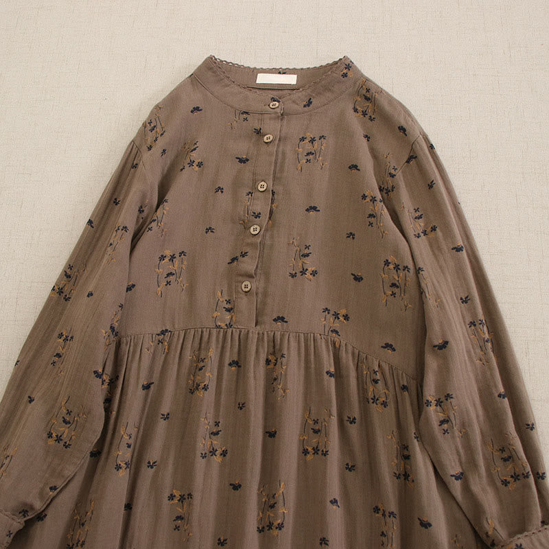 Buddha Stones Vestido midi de manga larga con cuello redondo y bolsillos, estampado floral pequeño de primavera y botones. - image 37