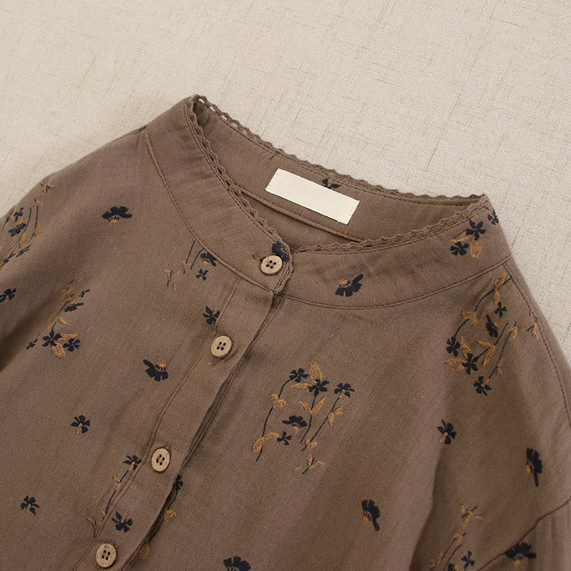 Buddha Stones Vestido midi de manga larga con cuello redondo y bolsillos, estampado floral pequeño de primavera y botones. - image 38