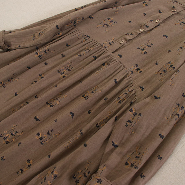 Buddha Stones Vestido midi de manga larga con cuello redondo y bolsillos, estampado floral pequeño de primavera y botones. - image 39