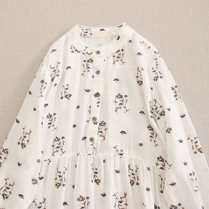 Buddha Stones Vestido midi de manga larga con cuello redondo y bolsillos, estampado floral pequeño de primavera y botones. - image 45