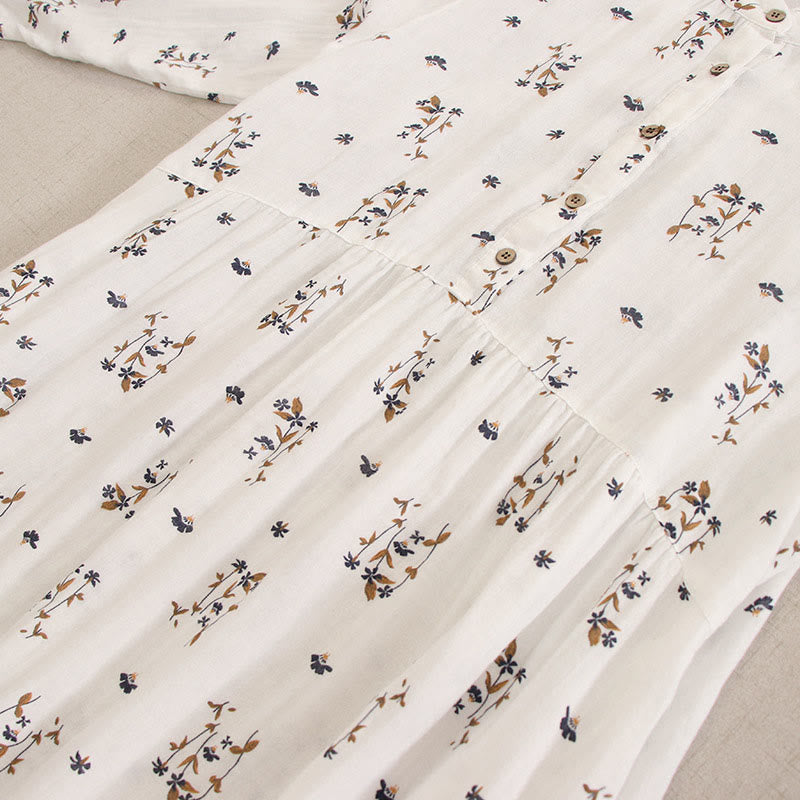 Buddha Stones Vestido midi de manga larga con cuello redondo y bolsillos, estampado floral pequeño de primavera y botones. - image 49