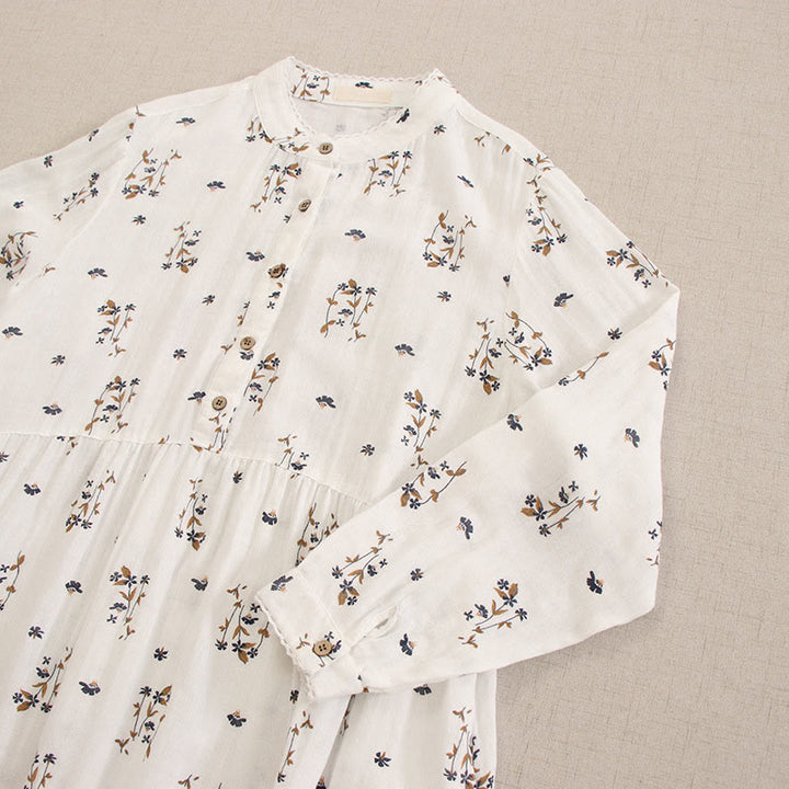 Buddha Stones Vestido midi de manga larga con cuello redondo y bolsillos, estampado floral pequeño de primavera y botones. - image 48