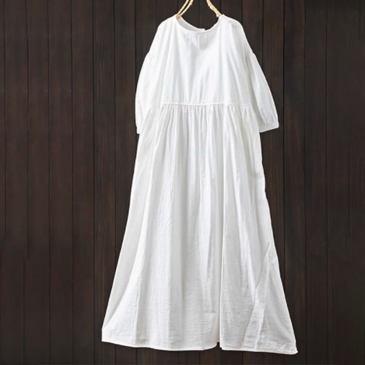 Buddha Stones Vestido midi de algodón de media manga con cuello redondo y bolsillos en color liso de verano - Blanco - US4-6, UK/AU8-10, EU36-38 (F) - image 4