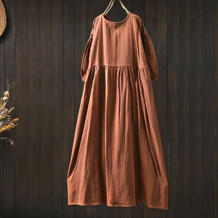 Buddha Stones Vestido midi de algodón de media manga con cuello redondo y bolsillos en color liso de verano - Sandy Brown - US4-6, UK/AU8-10, EU36-38 (F) - image 0
